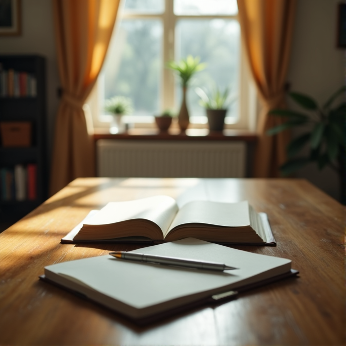 A cozy study setup with an open book, notebook, and pen in a room filled with natural light and plants.