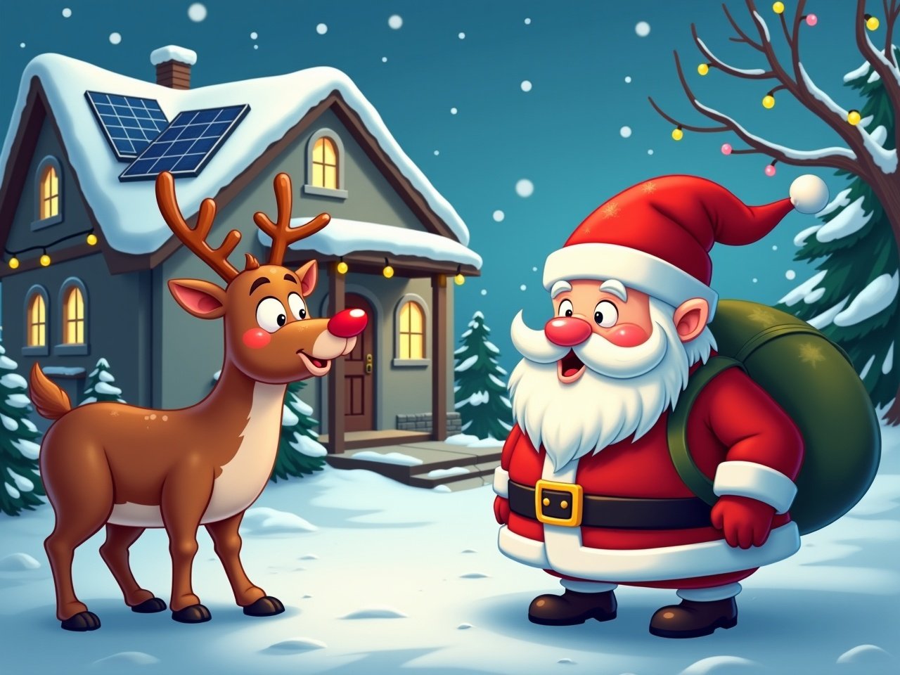 Cartoon image of Santa Claus with Rudolf the red-nosed reindeer outside a house with solar panels. House decorated for Christmas. Characters show joy about renewable energy.