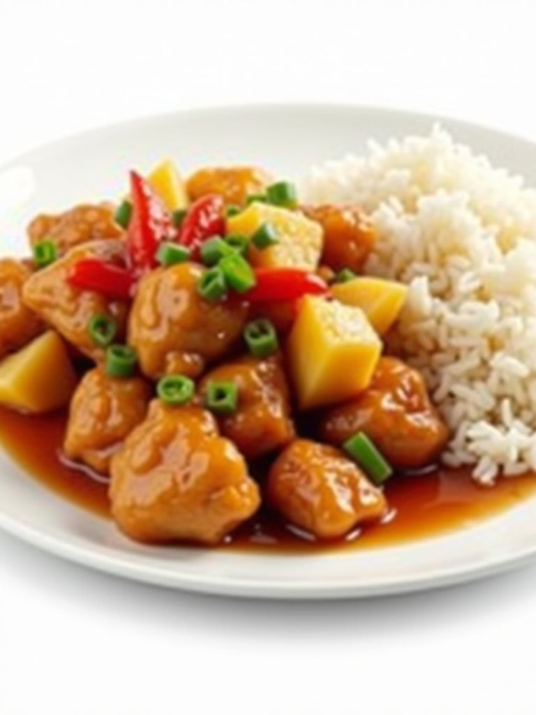 Zoomed-out photo of sweet and sour chicken served with rice. Dish contains chicken pieces, sweet and sour sauce, pineapples, peppers, and green onions. Served on a white plate against a white background. Photo has an ultra-realistic quality.