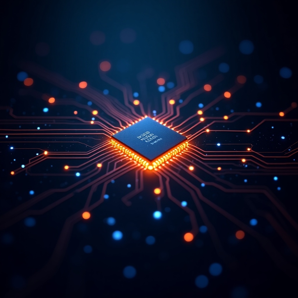 Image features a sleek modern design focusing on a technology circuit board. Centered is a glowing microchip with pathways radiating outward. Pathways have vibrant orange and blue lights against a dark background. Symbolizes fast data transfer and technology. Aesthetic is visually striking and clean for tech content.