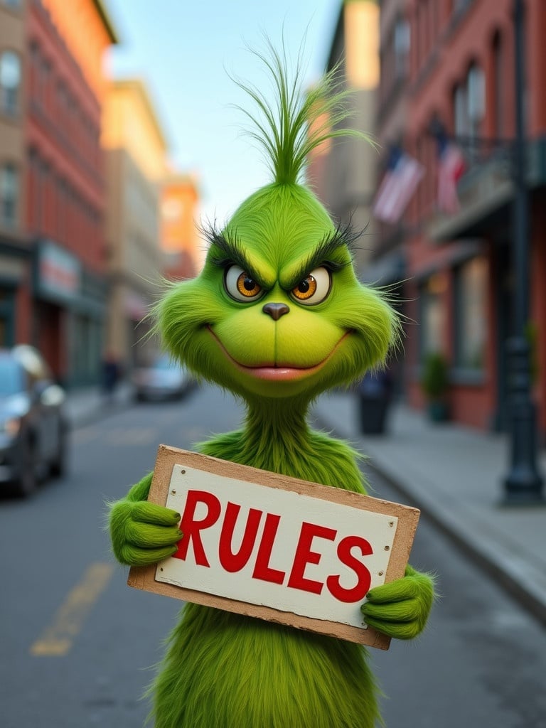 Cartoon Grinch character stands on an urban street. Grinch holds a Rules sign. Background is colorful city architecture. Character has a mischievous expression.