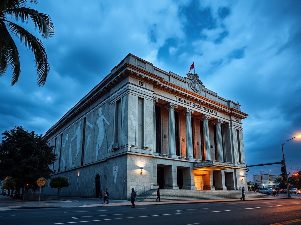 A grand neoclassical building with towering columns, adorned with artistic relief, under a dramatic evening sky.