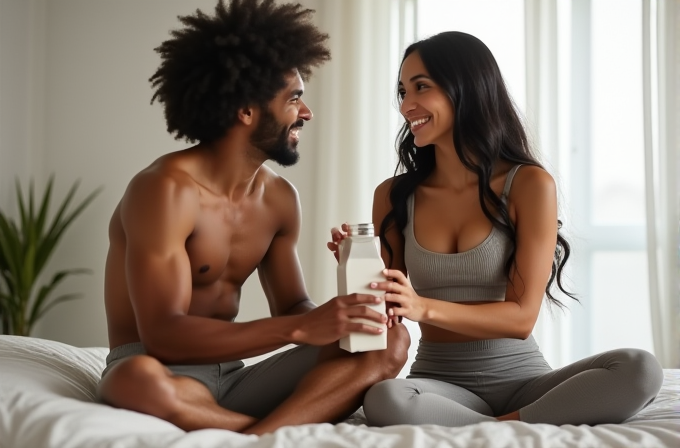 A couple in comfortable gray loungewear sits cross-legged on a bed sharing a joyful moment with a beverage.