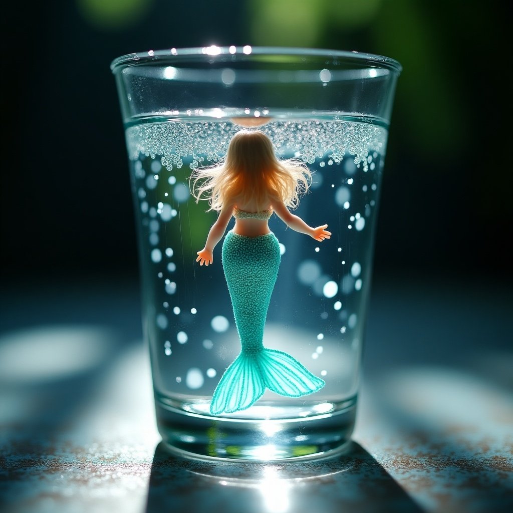 Tiny mermaid swims in crystal glass. Shimmering water creates reflections. Mermaids tail sparkles in aquamarine and pearl. Blurred background emphasizes magic light. Mood feels intimate and dreamy.