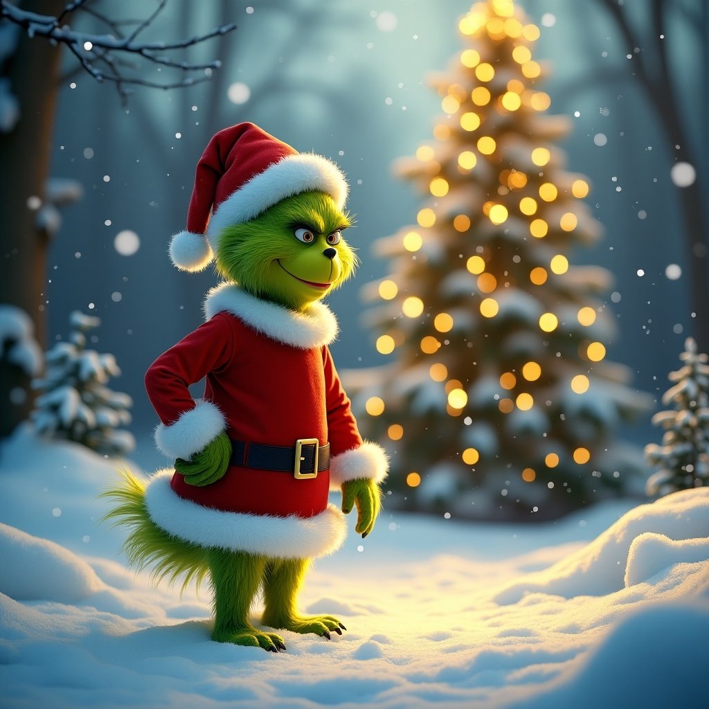 Grinch character in a Santa suit standing in the snow. Warm golden light illuminates snow-covered trees. A tall Christmas tree shines with snow and lights in the background.