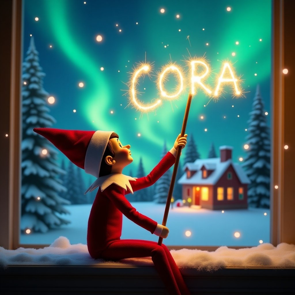 Elf on the shelf sits with back to viewer gazing skyward. Holds glowing wand emitting sparkling light. Charming Christmas scene in background with colorful northern lights. Cozy house decorated for holidays in distance. Snow covers the ground creating winter atmosphere. Elf in playful position embodying Christmas magic. Name ‘CORA’ written in air with wand.