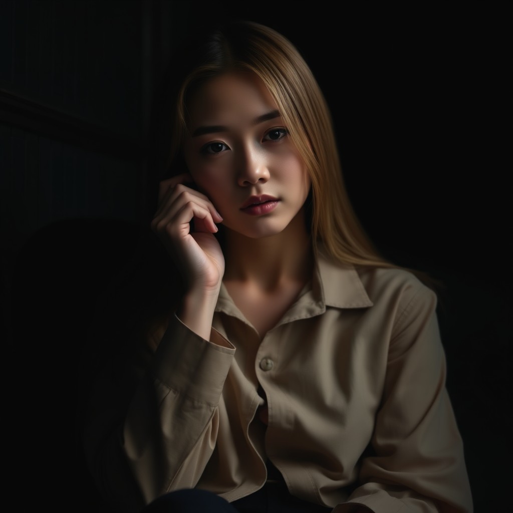 A woman with long hair poses pensively in dim lighting, accentuating her facial features and expression.