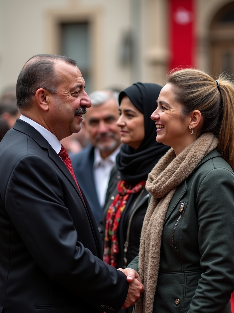 Image captures two individuals engaging in a handshake under soft diffused lighting. The backdrop includes an audience with blurred faces to maintain anonymity. The main focus is on their expressions and the cultural significance of the moment. Both subjects exemplify political affiliation.