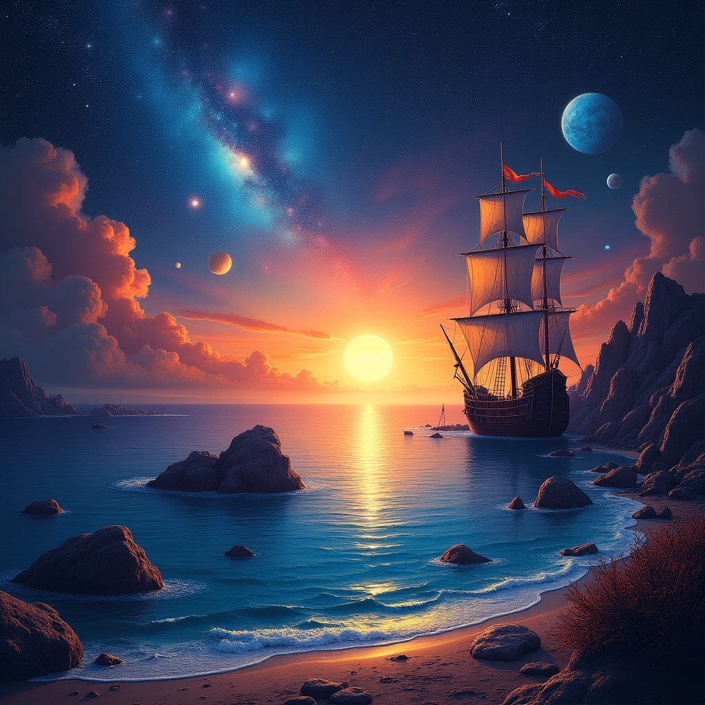 This artwork depicts an imaginative landscape in outer space. It features a moored galleon in a tranquil sea bay. A dramatic sunset transitions from deep blues to vibrant oranges on the horizon. Above, nebulas and planets float majestically in a starry sky. This piece combines psychedelic art with themes of futuristic exploration and spirituality.