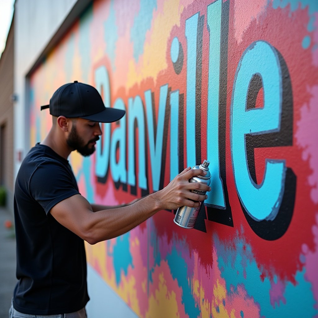 An artist spray-painting a colorful mural on a wall with the word Danville on it.