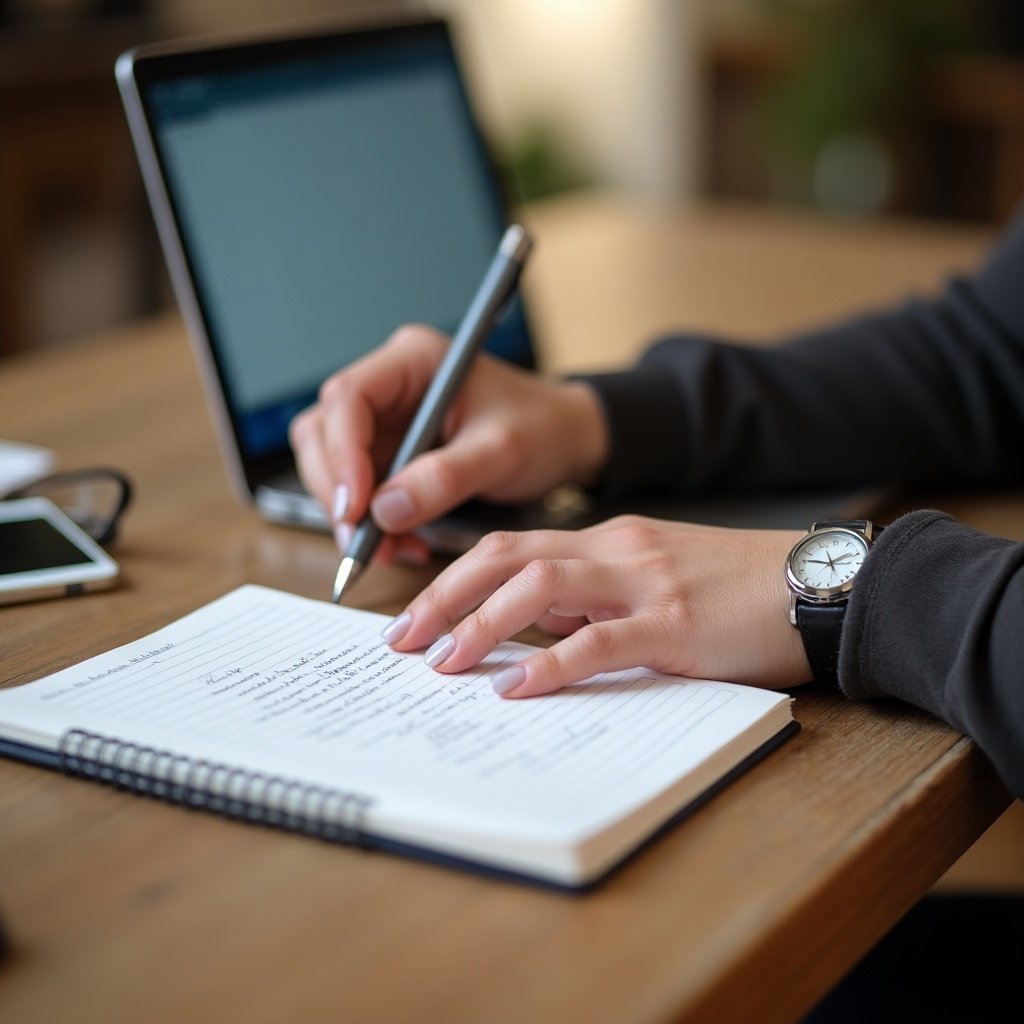 A person writes in a notebook while using a laptop on a wooden desk. The setup includes a notebook, pen, laptop, and a smartphone on a wooden surface.