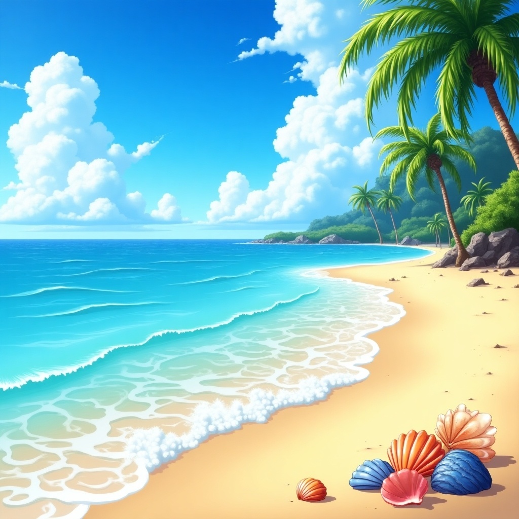 Anime art showing a sunny beach scene with turquoise water, palm trees, and seashells in the sand.