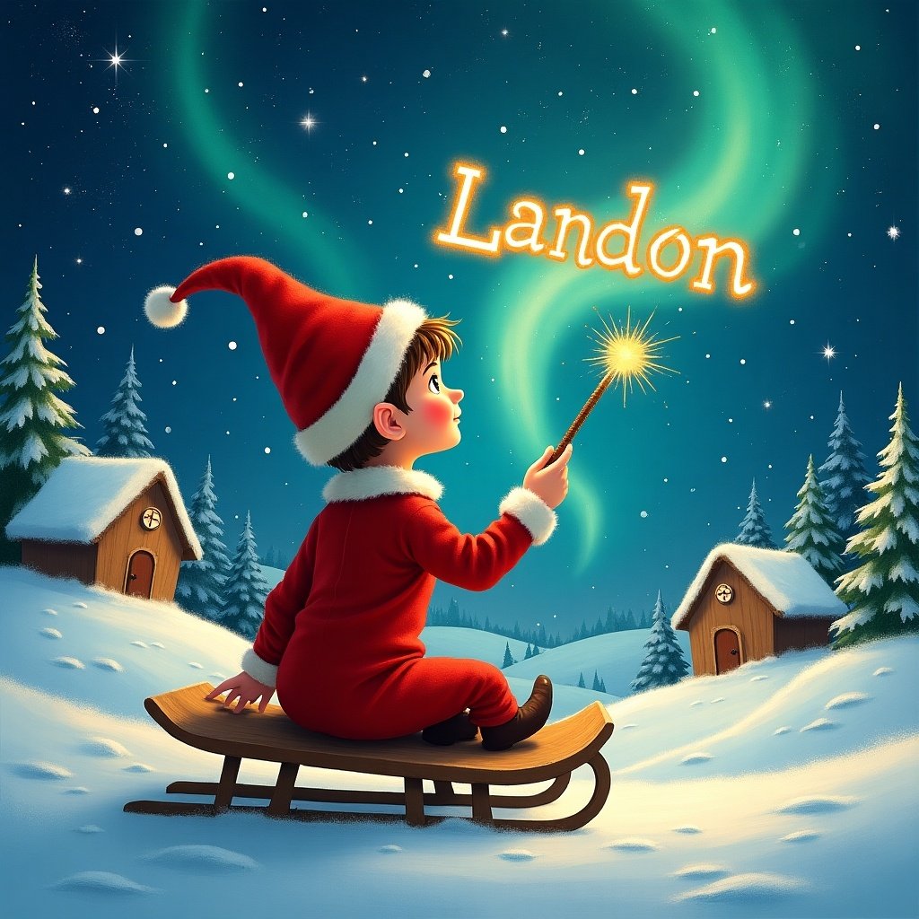 An elf dressed in red with a pointed hat sits on a sled. The elf gazes at a magical sky. A sparkling wand is in hand. The wand writes 'Landon' in the night sky. The setting features a snowy landscape with charming houses and evergreen trees. Northern Lights shimmer above. The scene embodies childhood magic and Christmas cheer.