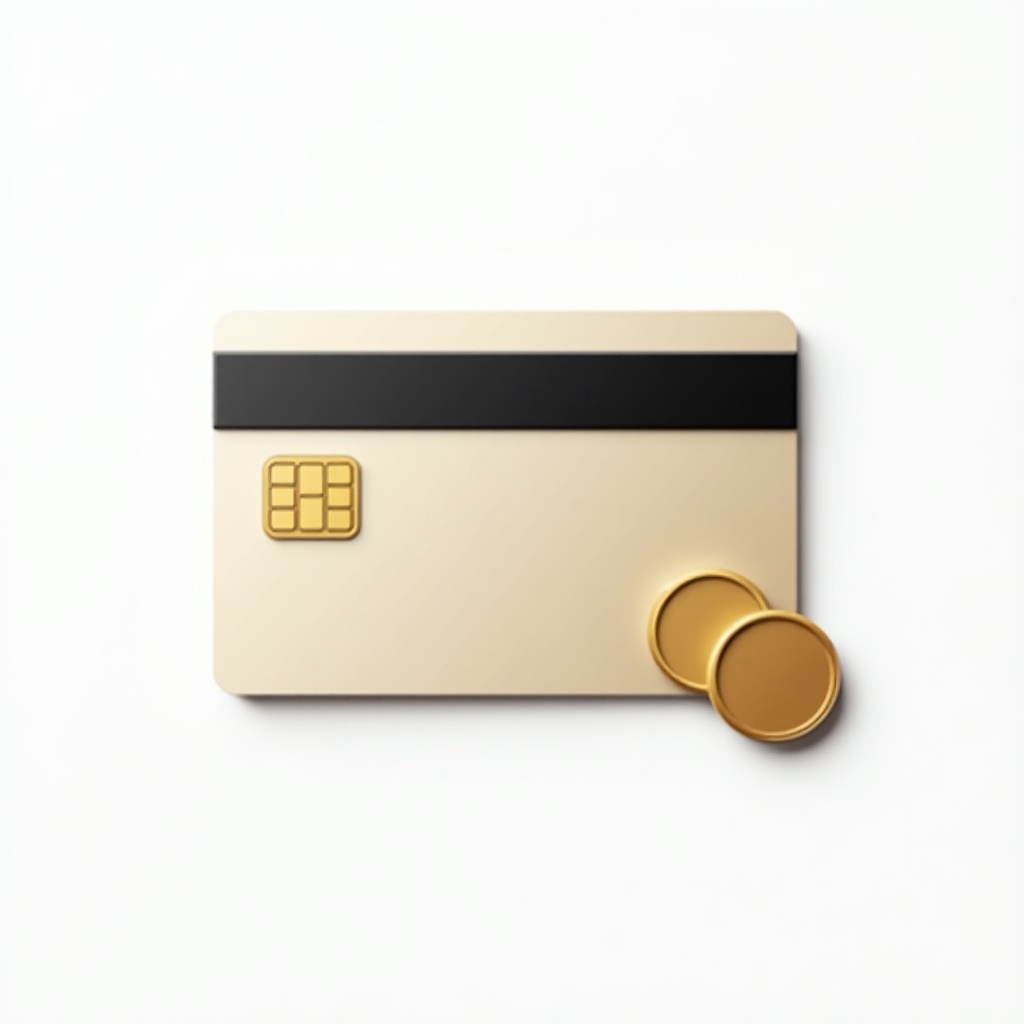 Illustration of a modern credit card with minimalist design. Card has shiny surface and black stripe. Gold chip is on the left. Two gold tokens are on the right. Centered on a white background for a clean look. Suitable for finance.