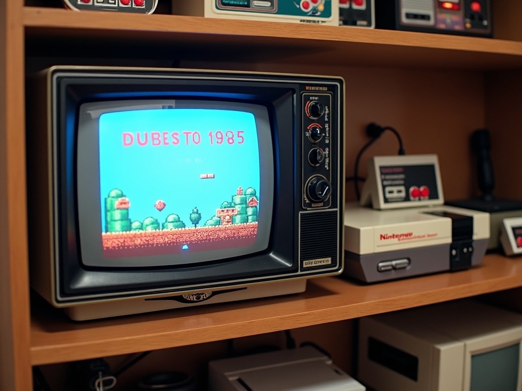 The image features a classic Nintendo Entertainment System alongside a vintage television set from 1985. The TV shows a video game screen, adding a nostalgic touch to the setup. Various electronic devices are visible in the background, hinting at a gaming enthusiast's collection. The warm lighting creates a cozy environment, perfect for retro gaming. This scene captures the essence of gaming in the 80s beautifully.