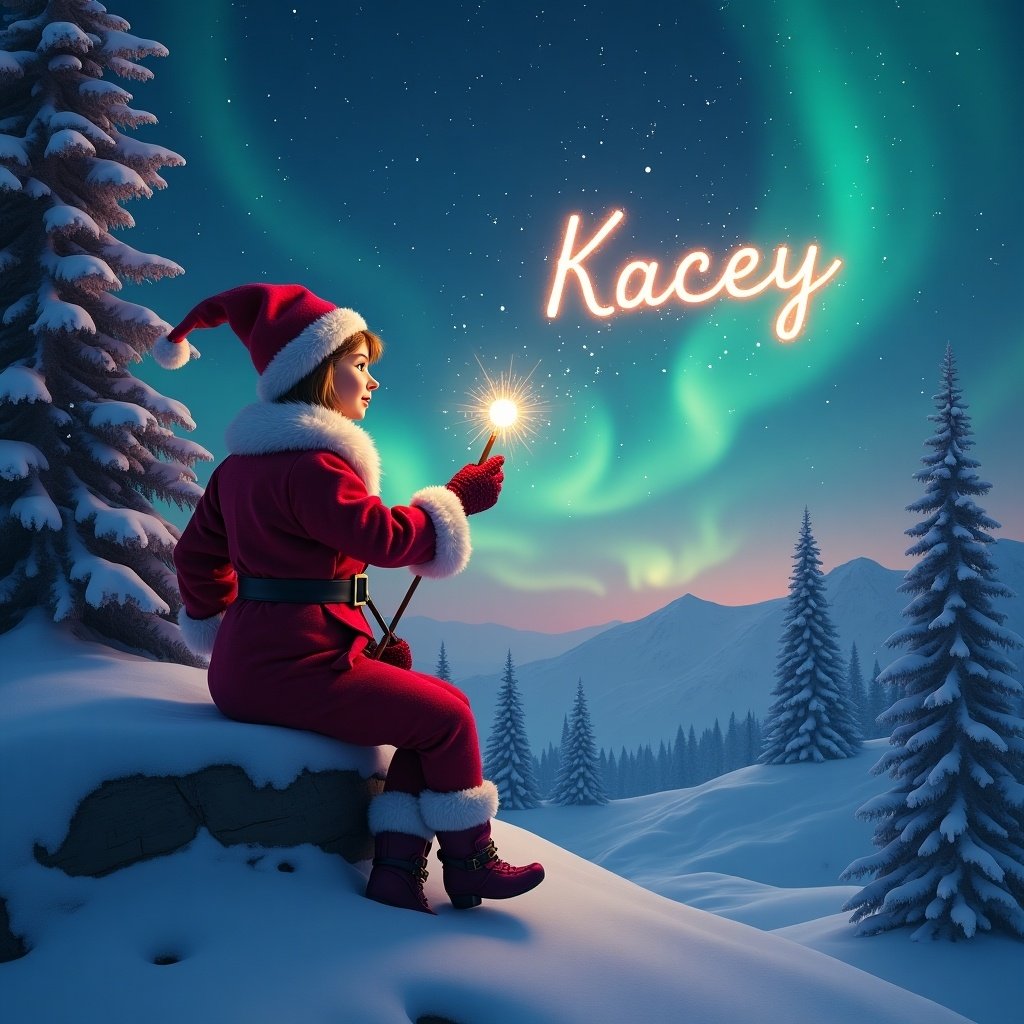 In a beautiful snowy landscape, a charming red-dressed elf sits on the cold ground, surrounded by tall evergreen trees. She holds a magical wand, writing the name 'Kacey' in sparkling light that twinkles against the night sky. The sky is filled with mesmerizing northern lights of red, cerulean, and purple, painting a magical scene. The mountains at a distance add to the serene ambiance of the North Pole. This whimsical image captures the essence of Christmas magic, perfect for the holiday season.