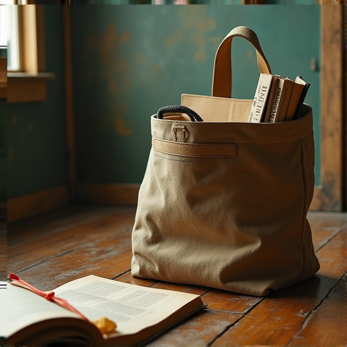 An open canvas bag filled with books rests on a rustic wooden floor beside a partially open book with a red ribbon bookmark.