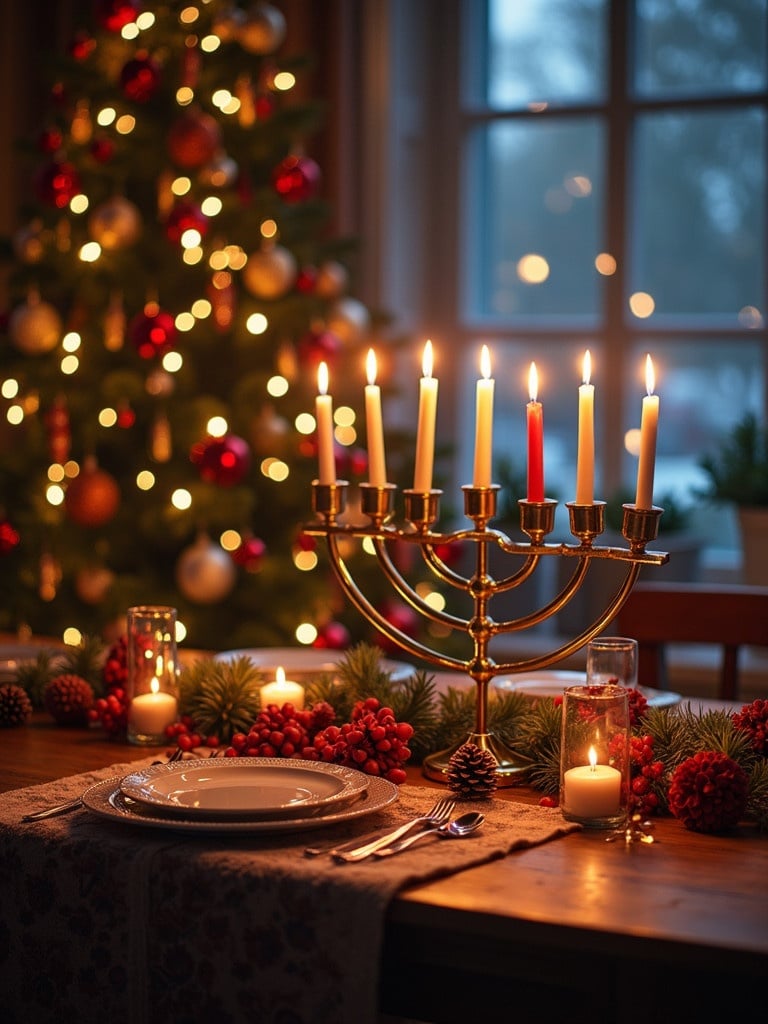 Decorated table for Christmas and Hanukkah celebration. A candelabra with candles in a festive setting. Christmas tree with ornaments in the background. Warm lighting and cozy atmosphere.