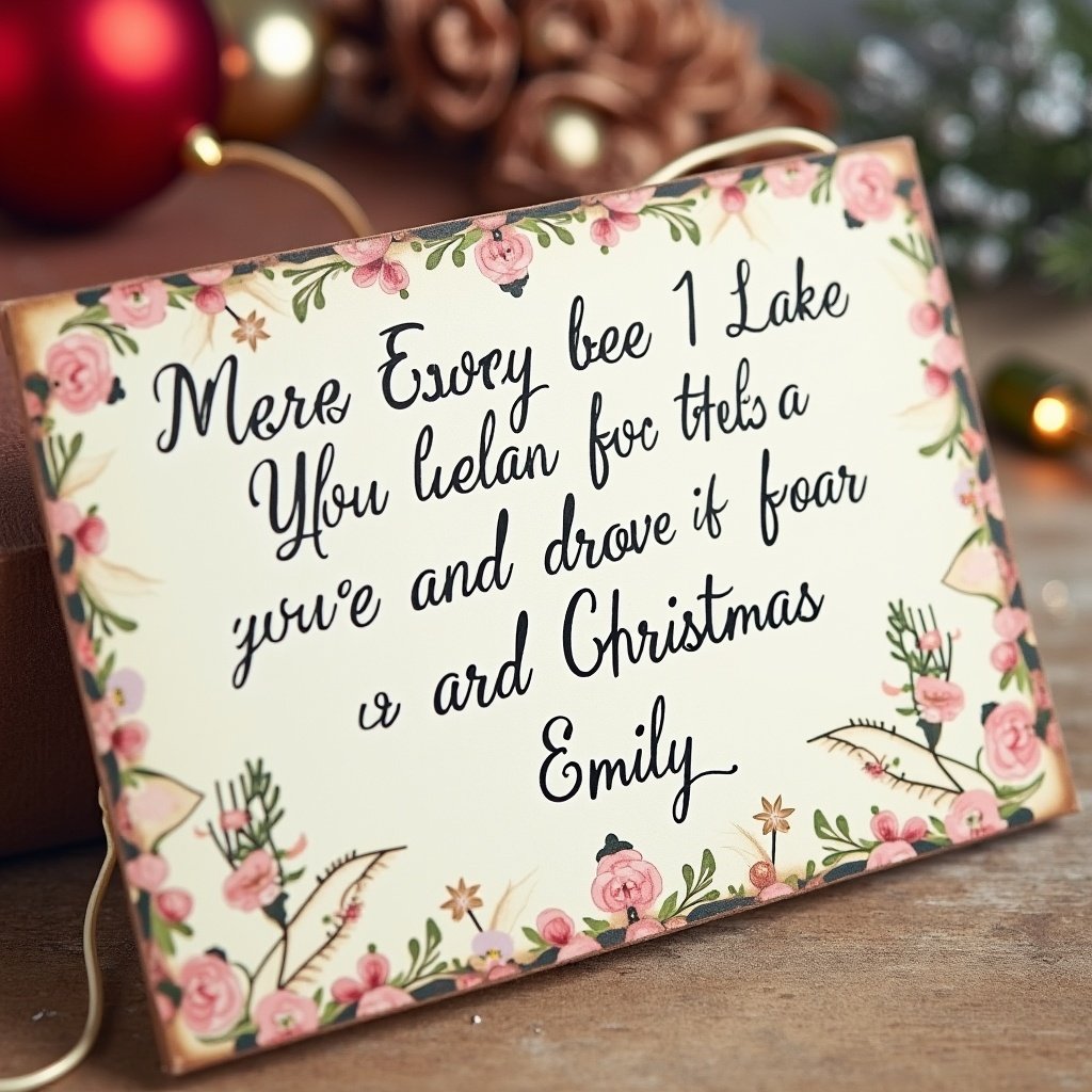 A decorative sign features a heartfelt Christmas blessing addressed to Emily. The text is beautifully handwritten, with a floral border adding a festive touch. The sign includes traditional holiday colors like red and green, enhancing the seasonal spirit. Soft, warm lighting creates a cozy atmosphere around the item. This sign could be perfect as a gift or as part of holiday decorations, emphasizing personal connections during the festive season.