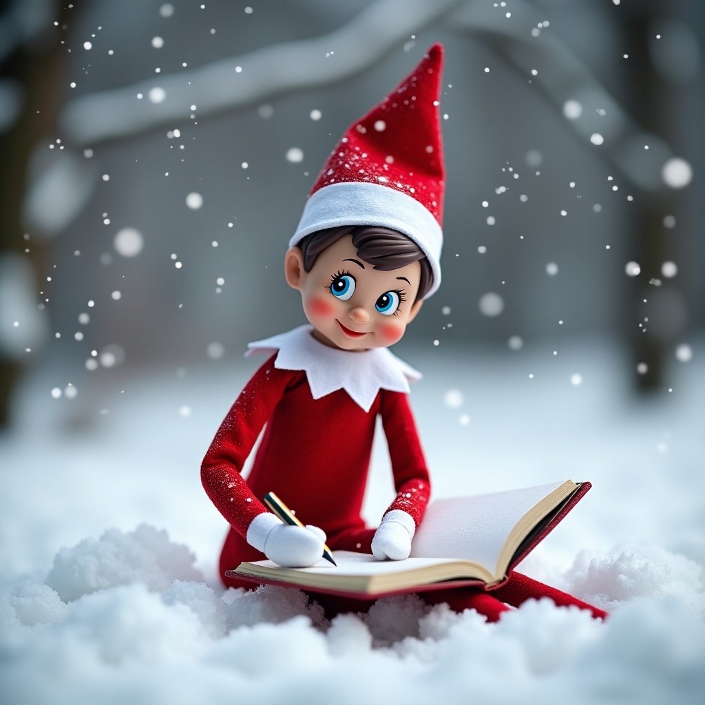 An adorable Elf on the Shelf is sitting in a snowy landscape. The elf is dressed in a classic red outfit with a playful white collar and a pointed hat. The elf is busy writing in an open notebook with a pencil. Snowflakes are falling around creating a magical winter atmosphere.