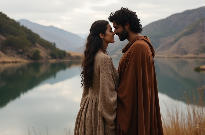 A couple stands close by a serene lake with mountains in the background.