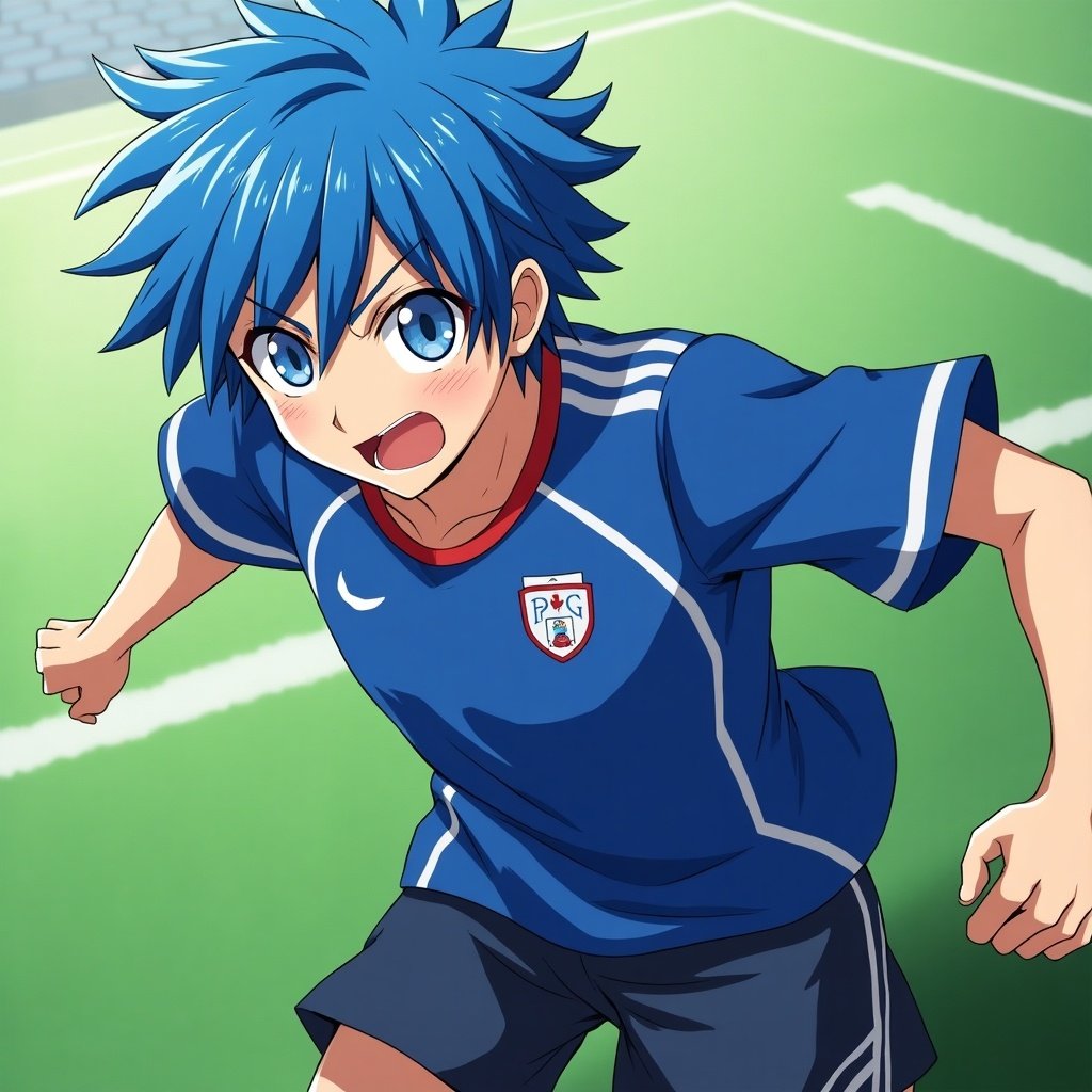 Character Kurona Ranze in anime style engaged in soccer action. Character has blue hair wearing a sports jersey and is depicted running on the field.