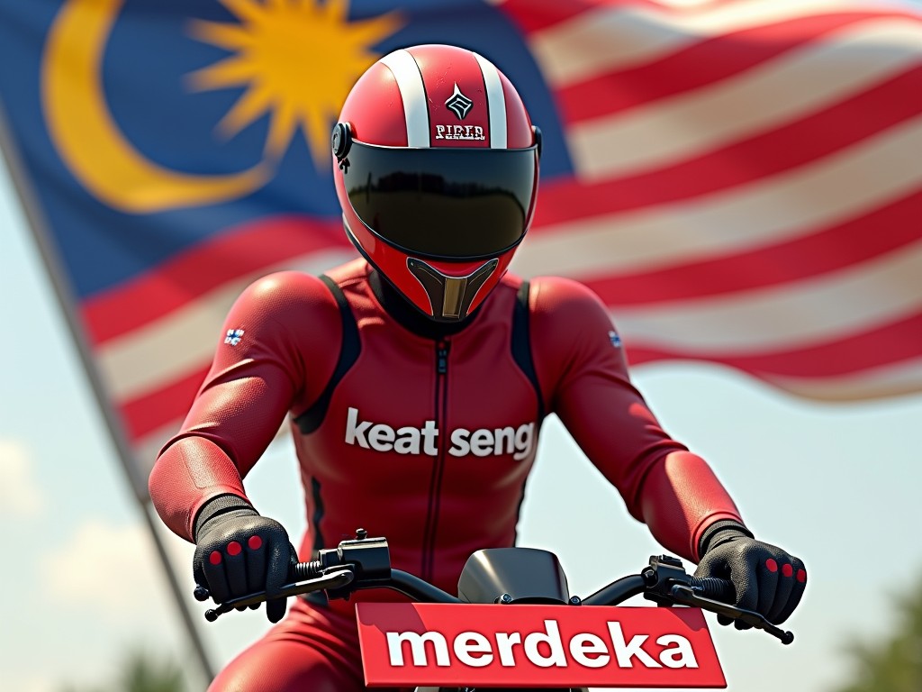 A motorcyclist, dressed in striking red gear, is depicted riding a bike with a board labeled 'merdeka', symbolizing independence. The Malaysian flag waves prominently in the background. The image conveys a sense of speed and national pride, emphasized by the rider's sleek outfit and the vibrant colors of the flag.