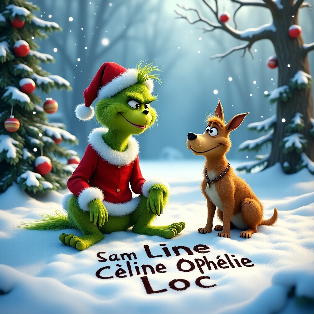 A whimsical wintry scene with the Grinch in a red Santa outfit sitting beside Max, his dog. They are on snow-covered ground surrounded by trees with Christmas decorations. The Grinch writes names in the snow. The atmosphere is cheerful with gently falling snowflakes.