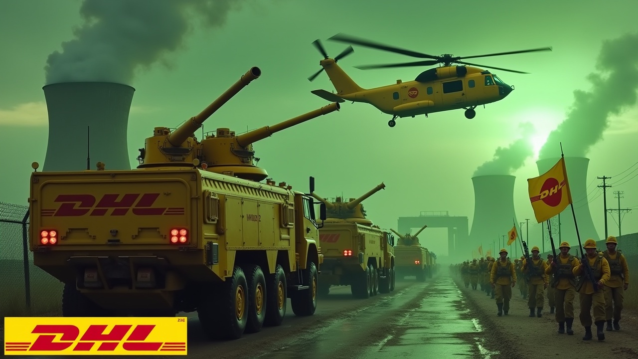 In a dramatic scene, several large yellow armored trucks, equipped with double-barrel roof-mounted cannons, drive beside a fence. The sides of the trucks display the DHL logo prominently. Nearby, soldiers dressed in yellow uniforms march in unison, some holding rifles. One soldier waves a large flag featuring the DHL logo. The background highlights the smokestacks of a nuclear power plant, glowing ominously in green. Above, a yellow Chinook CH-47 helicopter flies, intensifying the action. The DHL logo appears boldly at the bottom.