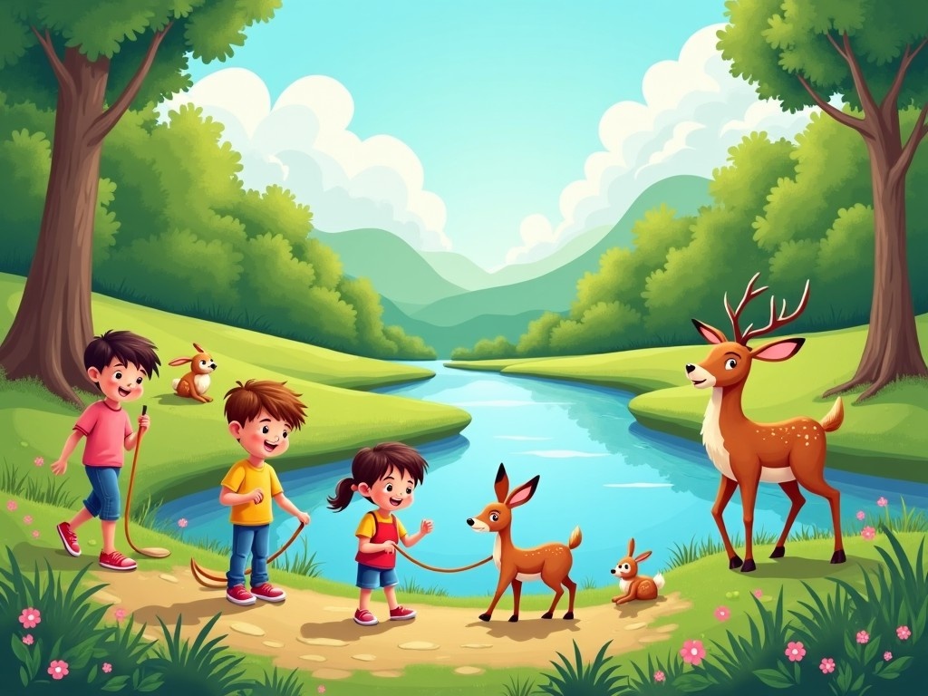 This image presents a lively and cheerful scene of children enjoying the beauty of nature. In a picturesque setting, a serene river flows gently surrounded by lush green trees. The children, engaged in playful activities, walk with their dogs and witness enchanting wildlife. A deer and a rabbit enrich the scene, showcasing a harmonious relationship between children and animals. The bright blue sky, dotted with fluffy clouds, adds to the overall joyful atmosphere, promoting appreciation for the outdoors.