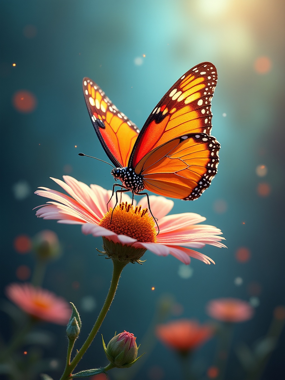 A vibrant butterfly delicately perched on a pink flower against a bokeh-lit background.