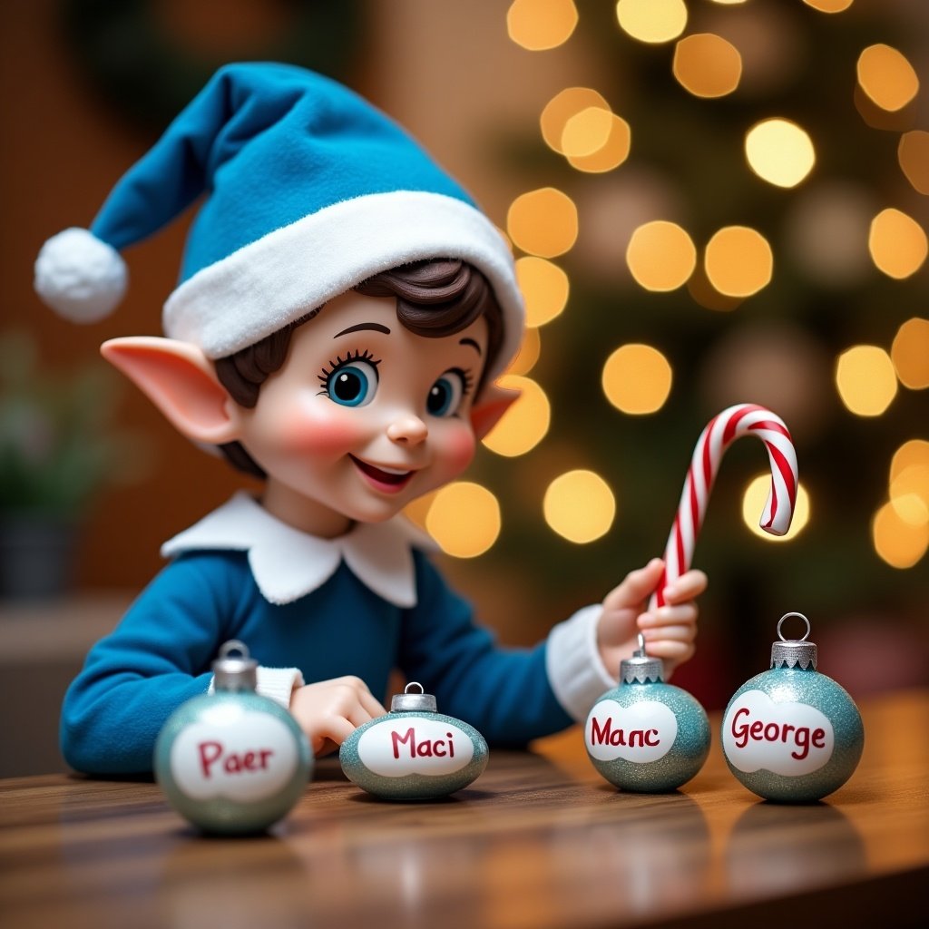 A cheerful Christmas elf in blue attire is writing names on baubles. The elf has a playful expression and is seated at a wooden table with holiday decorations. A softly lit Christmas tree with twinkling lights is in the background. The elf is holding a red and white candy cane. Names include Maci and George, emphasizing the festive season's personal touch.