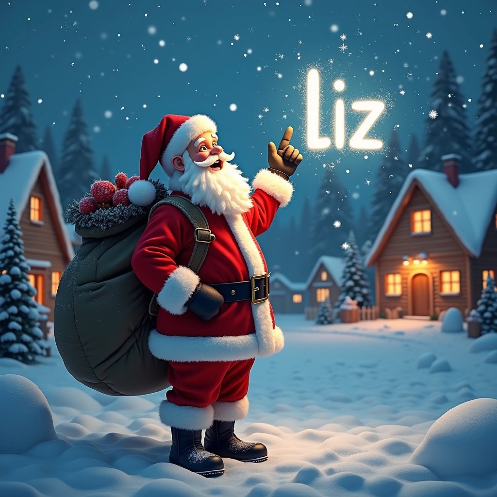 Enchanting winter scene with Santa Claus in snowy village. Iconic red suit and fluffy white beard. Santa joyfully points at sky where he writes 'Liz' with glowing light. Snowflakes fall gently. Charming wooden houses with warm lights and evergreen trees in background. Scene embodies holiday wonder and nostalgic feelings.