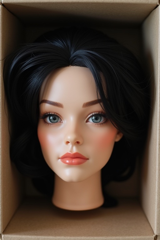 A realistic female head with black hair is placed in a cardboard box. The focus is on the hair texture and hairstyle. The box serves as a backdrop for the hair.