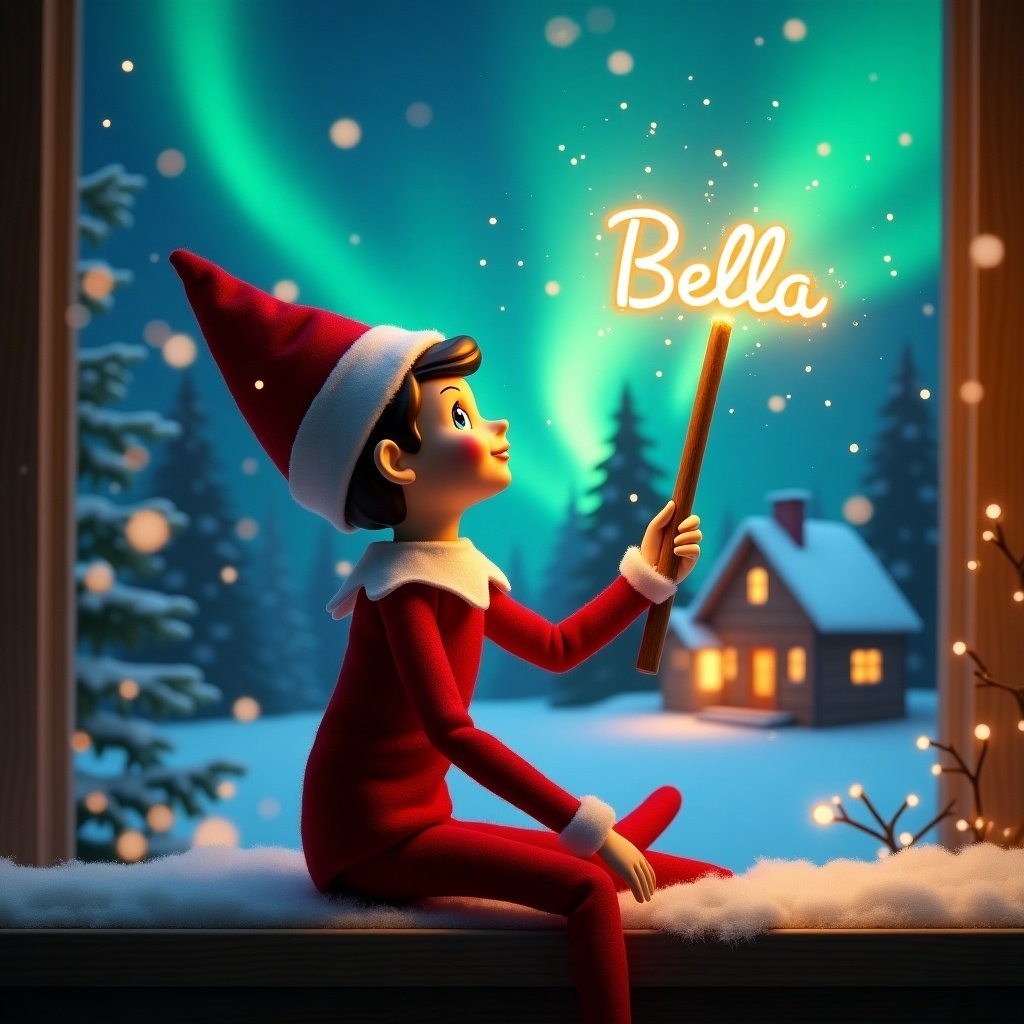 An elf on the shelf sits with its back to the viewer. The elf gazes skyward while holding a glowing wand. A charming Christmas scene is shown with northern lights and a cozy house in the distance. Snow is on the ground. The elf embodies Christmas. The name Bella appears in the air from the wand.