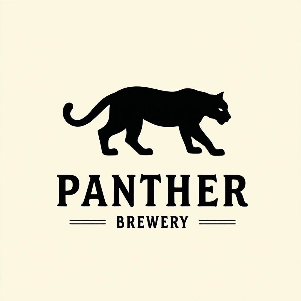 Minimalistic vector logo featuring a black panther silhouette. Brewery name displayed in modern funky typeface. Rococo art style influences evident in the design.