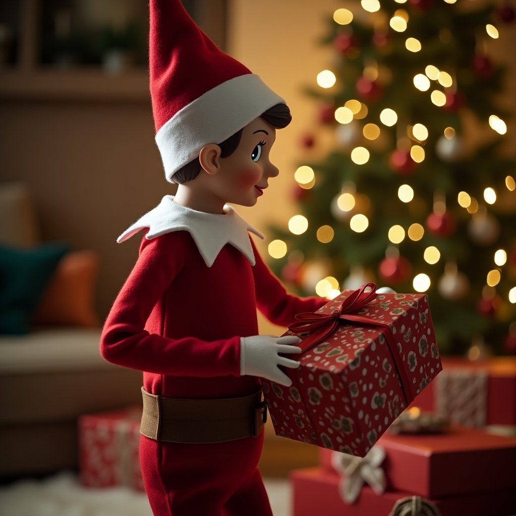 Christmas elf is opening presents standing back to us in a cozy living room with a decorated Christmas tree and gifts around.