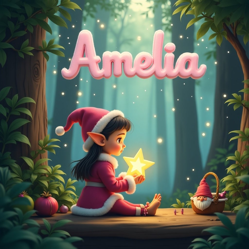 In a magical forest, young elf with pointed ears and festive pink outfit sits on wooden platform holding glowing star in hands amidst lush greenery. Background contains tall trees with soft light filtering through leaves. Sky above features whimsical cloud-like name Amelia. Small woodland elements like cozy basket and charming gnome add to enchanting scene.