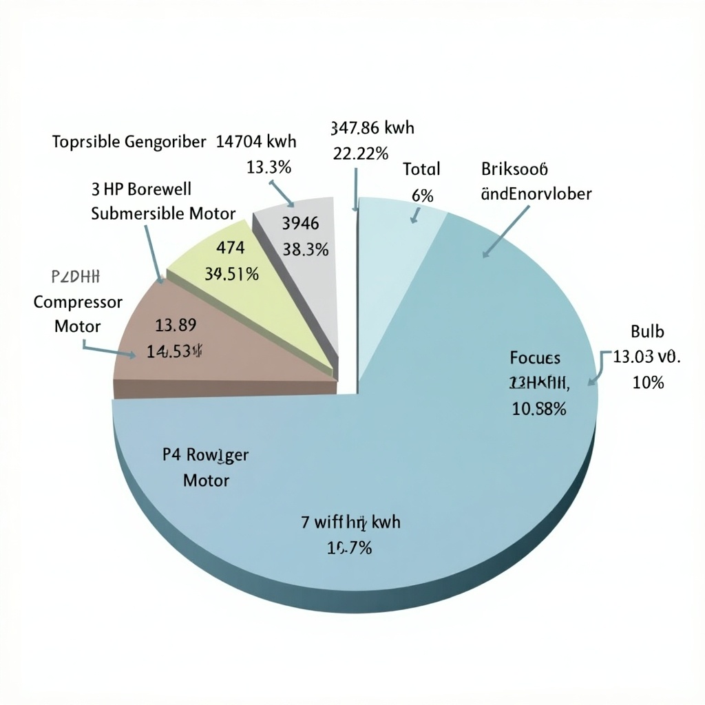 This image showcases a 3D pie chart that illustrates different types of motors and their monthly energy consumption. Each segment of the pie chart represents a specific motor type, labeled with its energy consumption in kWh and percentage contribution to total energy use. The chart features vibrant colors to differentiate between motor types for easy understanding. Icons may accompany labels for visual context. This informative illustration is designed for educational purposes, emphasizing energy usage across various motors.