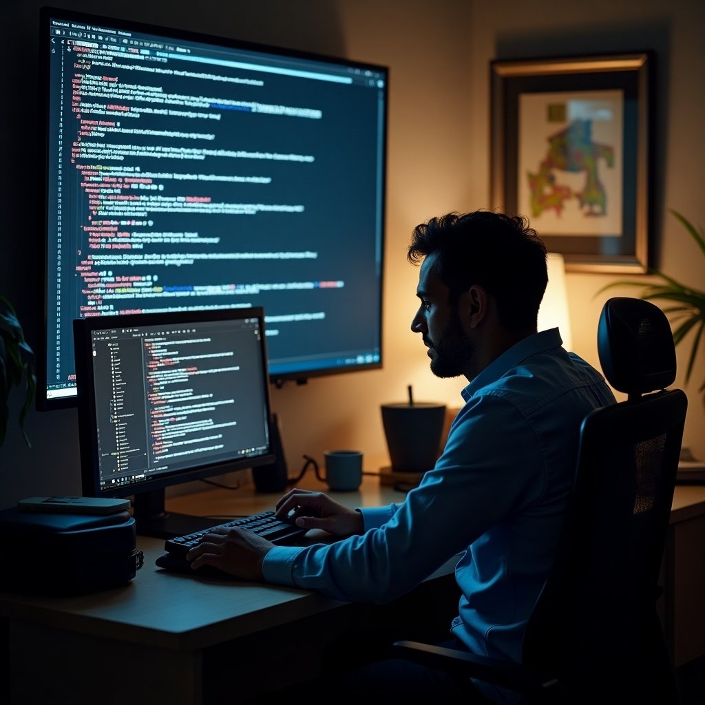 Person working late at night at a desk with computers. Dual monitors displaying code. Dark and focused workspace atmosphere. Emphasis on technology and productivity.