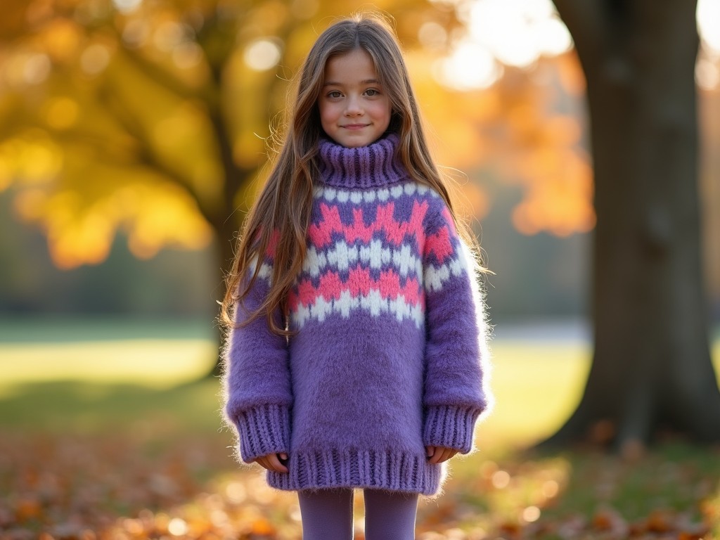 A 12-year-old girl poses under a tree on a sunny autumn day. She wears a fuzzy, fluffy mohair dress in purple with an Icelandic pattern of pink, white, and blue. The thick knit dress features a snug turtleneck collar and an A-line shape. Her very long brown hair cascades down to her knees. She pairs the outfit with leggings and white sneakers with pink accents. The lighting emphasizes the softness of the yarn and creates a warm, inviting atmosphere among golden autumn leaves.