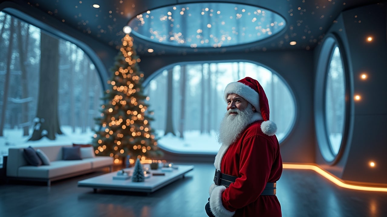 Cinematic image features Santa Claus in a futuristic room. The setting has holographic designs, openings showing woods and sky. The shot includes glowing BIM models and AI visuals. Holiday greetings appear in text overlay. Hyperrealistic style.