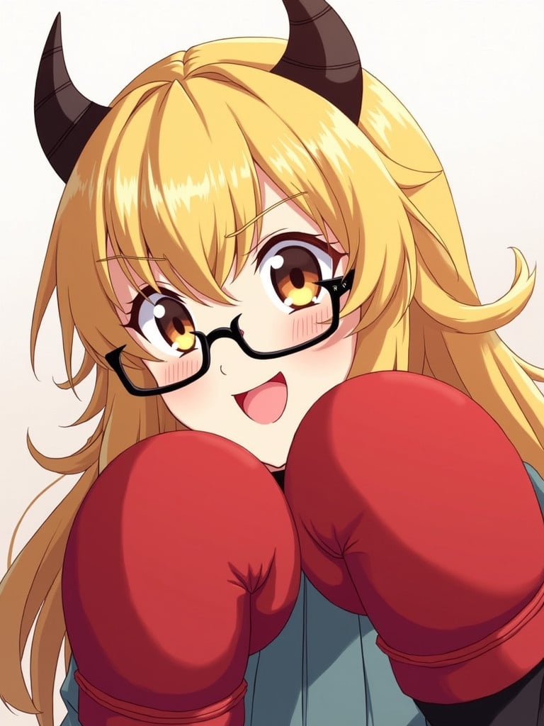 Anime character with blonde hair. Character wears glasses. Character has brown eyes. Wearing red boxing gloves. Character is smiling with a playful devilish expression. Pose is stylish and dynamic.