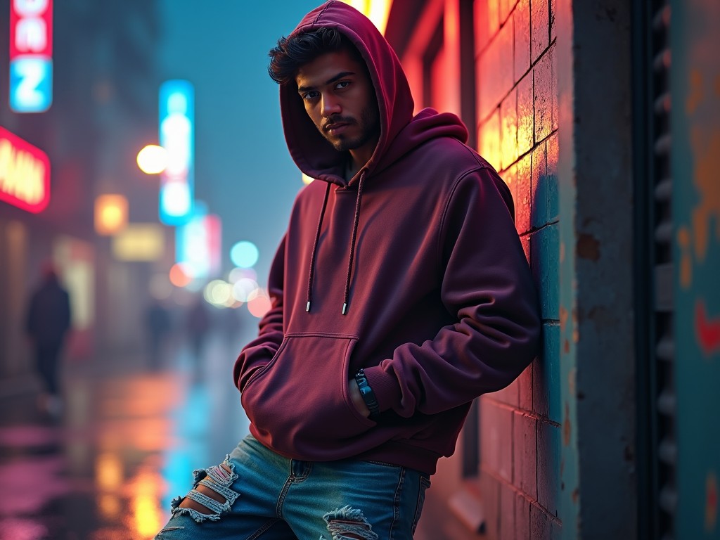 Urban Youth Fashion A Young Man in a Maroon Hoodie Against Neon Lights Flux AI Image