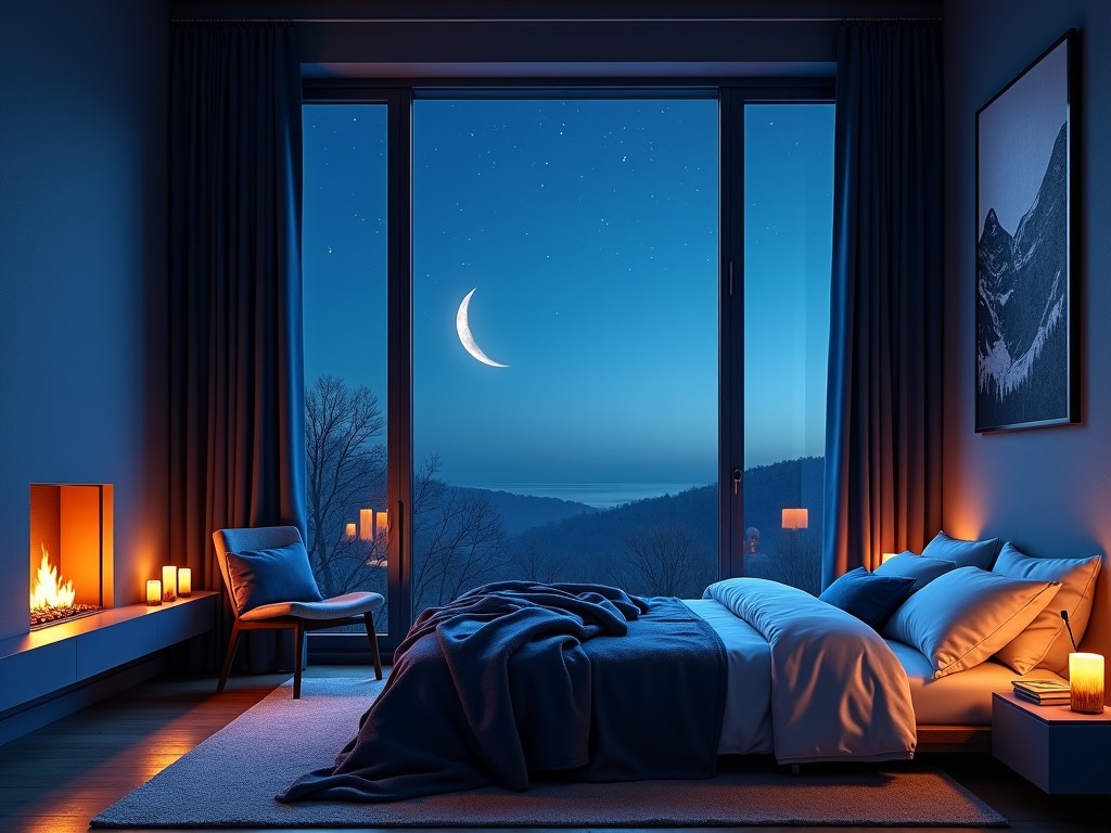 Create a cozy bedroom scene at night, bathed in deep blue tones to reflect a serene atmosphere. The room features a large bed adorned with soft blue pillows and blankets that mirror the night sky. A large window reveals a stunning crescent moon and a starry sky, enriching the ambiance. A modern chair with a decorative pillow sits near the window, perfect for relaxation. To the side, a fireplace gently flickers, casting a warm glow throughout the room. Surrounding elements include rich blue walls and curtains, candles, and books that complete this calming space.