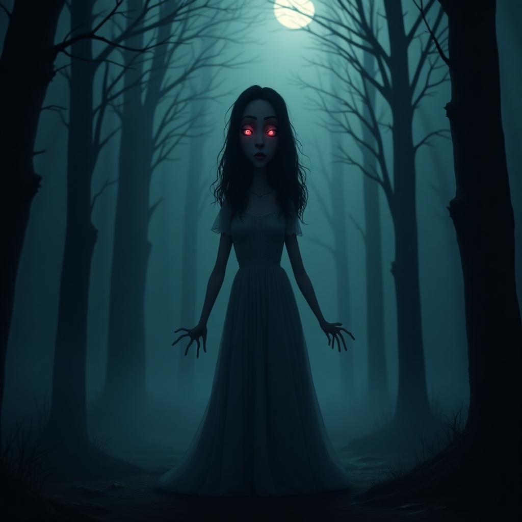 An animated HD cartoonish image depicting a Chudail, Dayan in a scary dress. Chudail looks creepy, horror in appearance. She stands in dark, long woods on a foggy night under a full moon.