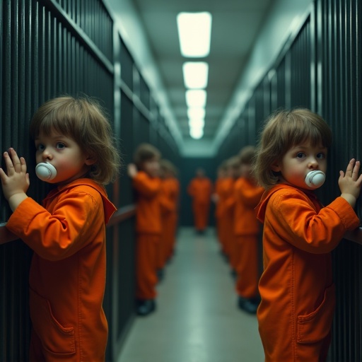 Children in orange jumpsuits hold hands while standing in a jail corridor. They have oversized pacifiers in their mouths. Guards are present in the setting. Each child is in their own cell.