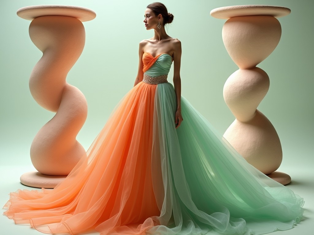 This image showcases a stunning high-fashion gown inspired by avant-garde and surrealism art. The model stands gracefully, enveloped in a gown that features a blend of structured and flowing elements. Behind her are sculptural forms resembling twisted hourglasses and organic shapes, adding an otherworldly touch. The gown’s fabric transitions from soft orange to mint green, creating a dream-like ombre effect. Rich textures, such as velvet and satin, mingle with airy tulle to evoke movement and ethereality.