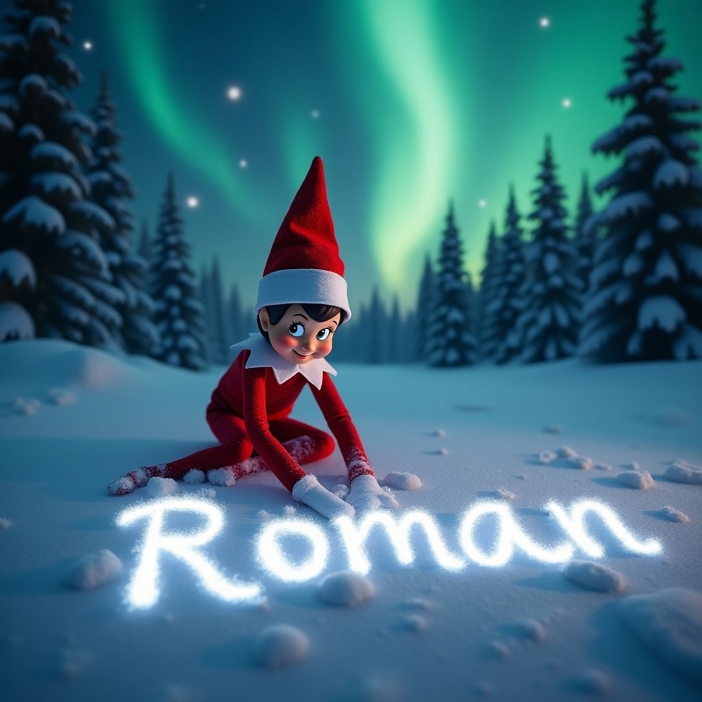 An Elf on the Shelf character writes the name 'Roman' in snow. The name appears in cursive style, illuminated by northern lights. The elf has traditional red and white attire and appears joyful. The snowy landscape enhances the holiday charm.