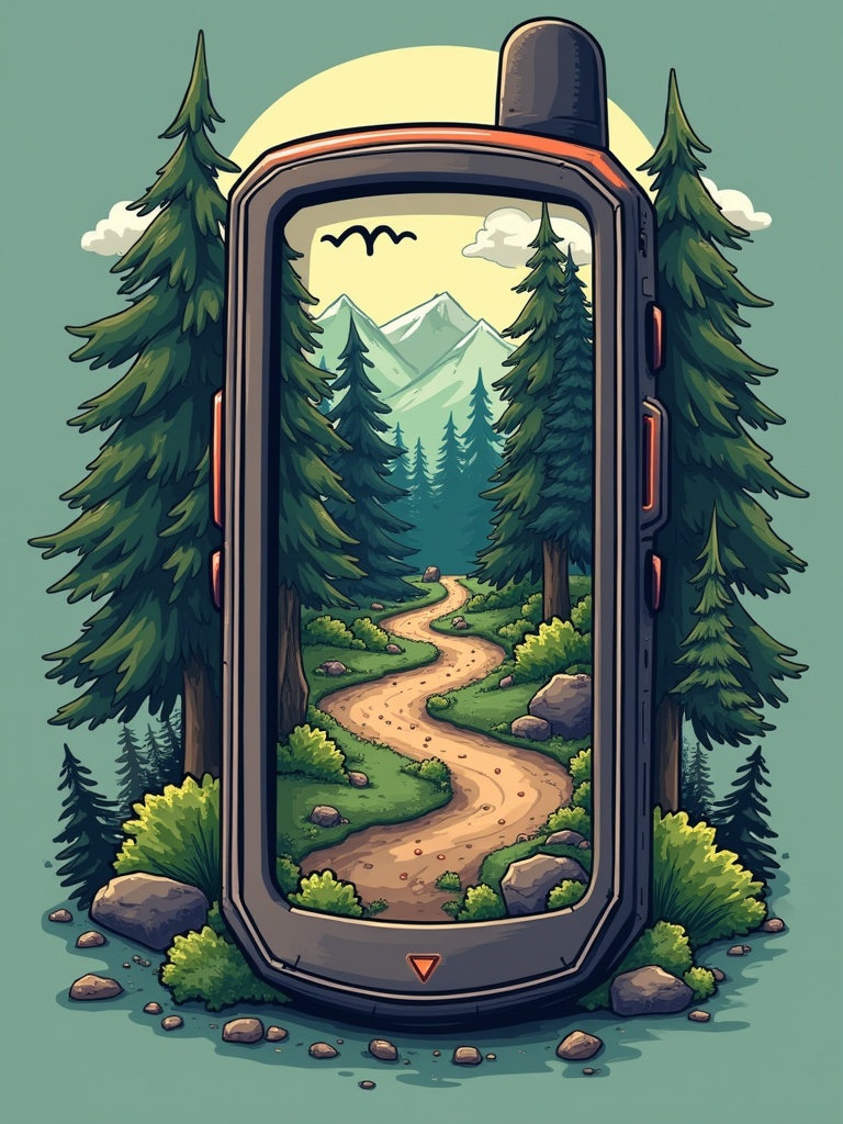 A GPS device features a route leading into a whimsical forest. The scene includes lush green trees and mountains in the distance. A dirt path curves through the landscape. The design has an adventurous and playful vibe.